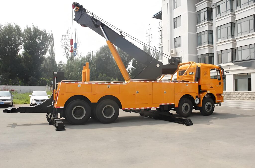 50-ton rotator tow truck performing a side recovery operation
