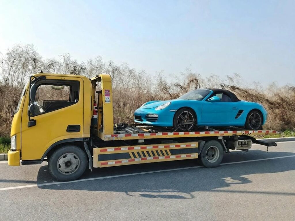 ISUZU NQR flatbed tow truck transporting a Porsche